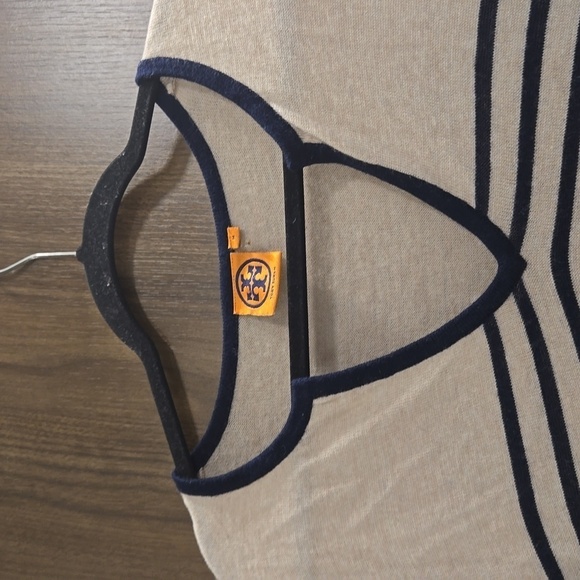 TORY BURCH-Odessa Pullover Sweater Stripe Long Sleeve Tan Navy Blue-Size Medium - Picture 7 of 17